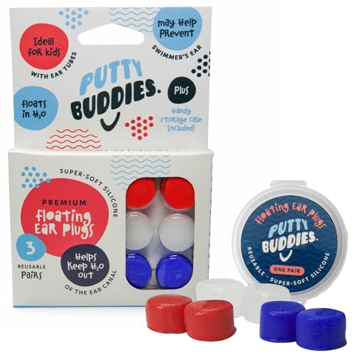 Earvolution Floating Putty Buddies Ear Plugs for Swimming - Invented by an Ear Physician - Moldable, Premium, Silicone - Floats on Water - Waterproof - Made in The USA - 3 Pack - Red/White/Blue