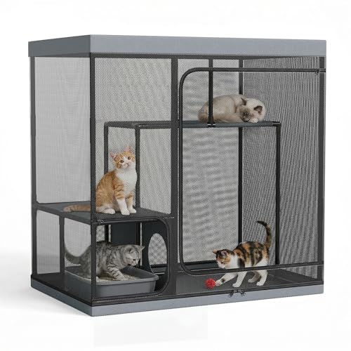 Catio - Recinzione per gatti da esterno, altezza 127 cm, LitaiL - Cuccia portatile a 3 livelli con recinzione a rete sicura, gabbia esterna per gatti per patio, terrazza, balcone, grande cuccia per