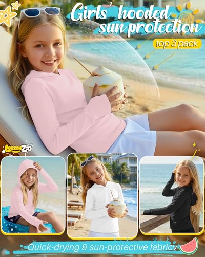 Image of 3 Pack Girls Sun Protection Swim Shirts UPF 50+ Long Sleeve Rash Guard Lightweight Quick Dry Hoodies with Thumbhole