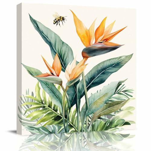 Stampa artistica da parete su tela con uccellini del paradiso, per soggiorno, camera da letto, estate, piante tropicali, api, fiori, stampe con cornice, decorazione da parete per la casa, pronta da
