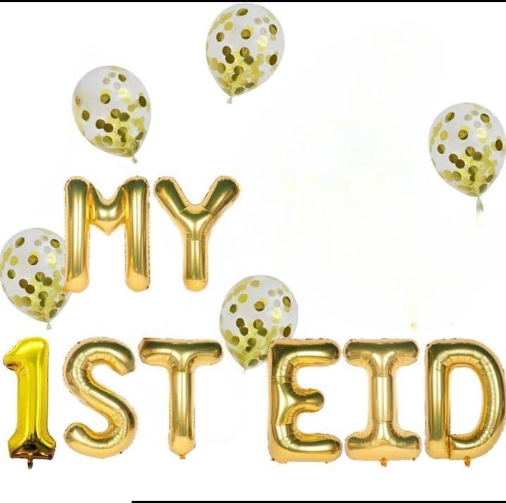 PARTY BOX My First Eid Mubarak Decorations Foil Balloon Golden Baby Boy Girl Loved One with 5 confetti balloons 8 Foil Alphabet and number and One Big Crown