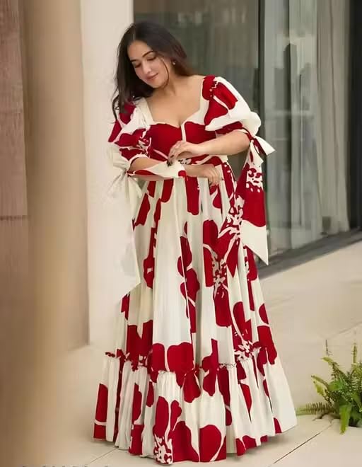 Image of Women Floral Printed Tiered Maxi Dress with Puff Sleeves, Empire Waist, Tie-Up Detail, Flared Long Dress for Casual Wear, Summer Outings, Vacation & Resort Wear - Causal Gown for Women