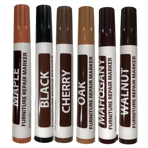 Lot de 6 marqueurs de peinture de réparation pour bois et stylo de retouche en noir, marron rougeâtre, noyer, rouge cerise, marron clair, chêne – Kit de réparation pratique pour bois stratifié pour