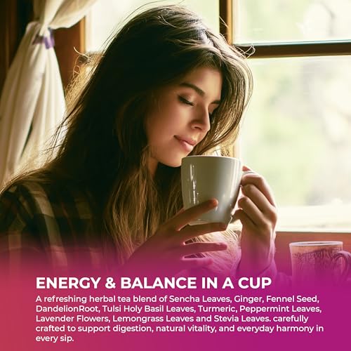 Image of FreshDrinkUS, Premium Herbal Wellness Tea Bags | 75 Count | Blend of Sencha, Ginger, Fennel, Dandelion, Tulsi, Turmeric, Peppermint, Lavender, Lemongrass & Stevia - Herbal Tea. Vegan