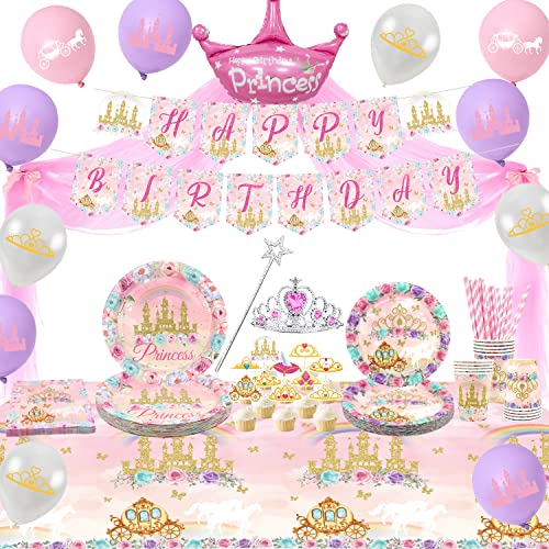 Ywediim Fournitures de fête de Princesse, Comprend bannière, Assiette, du Tulle, Ballons, Serviettes, Nappe, décorations de fête d'anniversaire Filles pour 20 invités (Style B)