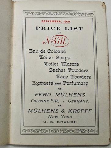 Price List of No. 4711 Colognes, Perfumes and Toilet Waters, September 1909
