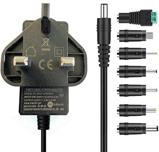 MAXDIGI DC Power Supply 12V 1A, AC 100-240V to DC Power Cable Transformer Wall Charger Replacement UK Plug 1.2m, 5.5mm x 2.1mm for Led Strips, CCTV Camera,Cisco Routers,Hubs,scanner,radio + 7 Tips
