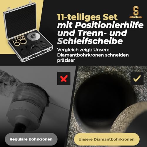 SilexTools Profi Diamant Fliesenbohrer Set - 11teilig [6|8|10|14|25|30|40|50|68mm] mit Bohrkronen, Schleifscheibe und Positionierhilfe, Diamantbohrer für Fliesen Granit Naturstein Feinsteinzeug
