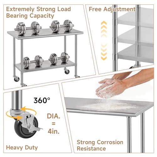 Image of ROCKPOINT All Stainless Steel Prep Table with Caster 24x24 Inch, Commercial Heavy Duty Workbench with Stainless Legs & Adjustable Undershelf, 670 lb Capacity for Outdoor Kitchens with Wheel