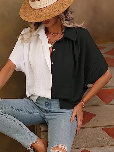 Image of GRECIILOOKS Oversized Shirt for Women | Shirt Top for Woman |Women's Color Block Button Down Blouse - Casual Loose Fit Short Sleeve Summer Shirt's Work, Vacation & Everyday Wear