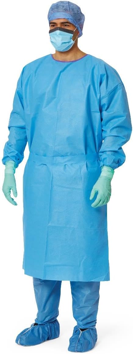 AAMI Level 3 Isolation Gowns, Premium Heavyweight Multilayer, Knit Cuffs, Blue, Regular Size, Case of 50
