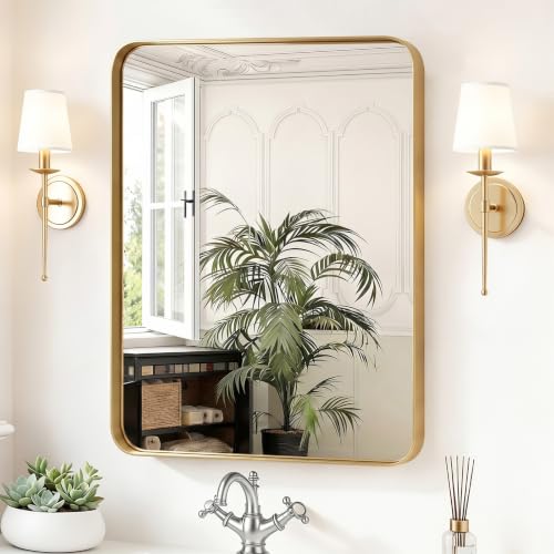 Image of Sweetcrispy Bathroom Wall Mirror, 32x24 Inch Wall Mount Mirror for Over Sink, Modern Rounded Rectangle Vanity Mirrors with Matte Metal Framed, for Home Decor, Living Room, Bedroom, Gold
