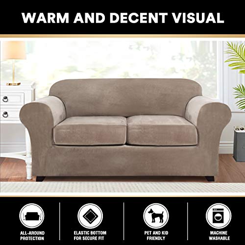 3 Pieces Sofa Covers Stretch Velvet Couch Covers For 2 Cushion Sofa Slipcovers Soft Sofa Slip Covers Furniture Covers With 2 Individual Seat Cushion Covers, Machine Washable (Medium, Taupe) #TOP5