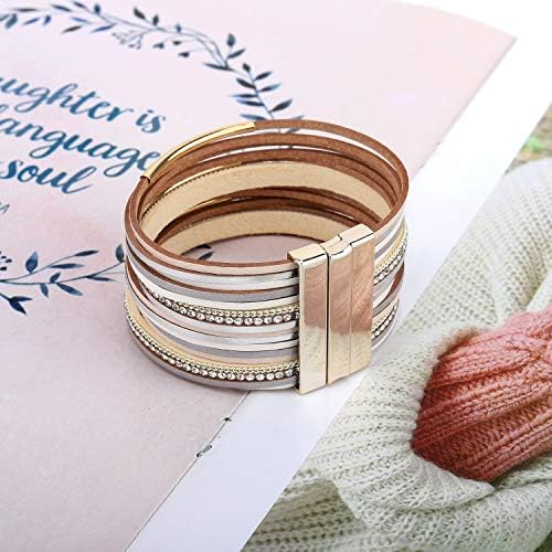 Emibele Layered Leather Bracelet, Bohemian Style Rivet Leopard Print Bohemian Style Multilayer Wrap Bracelet, Handmade Agate Chakra Crystal Glass Beaded Shell Bracelet for Women Ladies