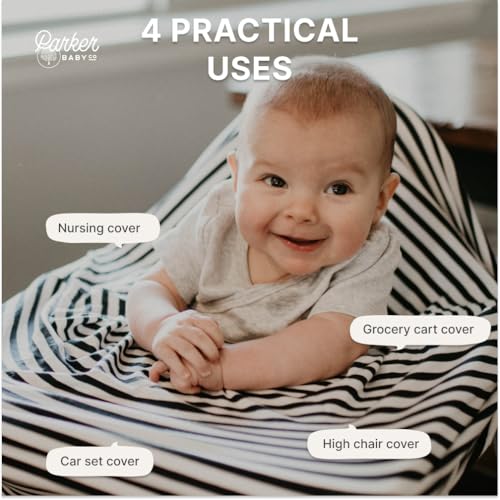 Image of Parker Baby 4 in 1 Car Seat Cover for Girls and Boys - Stretchy Carseat Canopy, Nursing Cover, Grocery Cart Cover, High Chair Cover - Gray /White Stripes