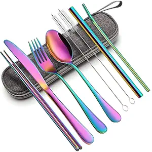 Portable Utensils Set,Reusable Travel Cutlery Set with Case Stainless Steel Flatware Set for Camping 8pcs Including Dinner Knife Fork Spoon Chopsticks Boba Straw (Rainbow)