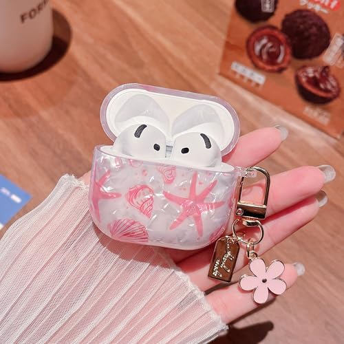 Image of MINSCOSE for AirPods 4 Clear Case,Cute Glitter Seashell and Starfish Pattern Design with Folral Keychain,Soft TPU Protective Cover for Girls Women for AirPods 4-Pink