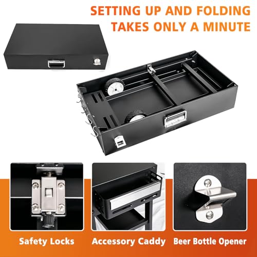 Image of Foldable Grill Cart for Blackstone 17 /22, Ninja Woodfire OG700, Ooni Pizza Oven - Portable Grill Table with Wheels, Dual-Shelf BBQ Prep Station with Caddy & Hooks, Compact Camping Griddle Stand