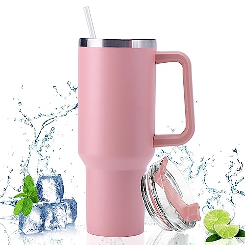 Doppelwandiger Edelstahl Vakuum Isolierbecher 40oz 1200ml Tragbare Autobecher Becher Tumbler mit Griff und Strohhalm Kaffeebecher Autobecher Reisebecher Thermobecher Für Kalte Heiße Getränke (rosa)