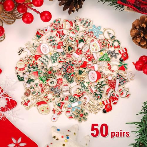 Acejoz 100Pcs 50 Pairs Christmas Charms for Jewelry Making and Bracelets, Gold Enamel Jewelry Pendants for Xmas Earring Bracelet Necklace Craft Making by Acejoz - Image 2