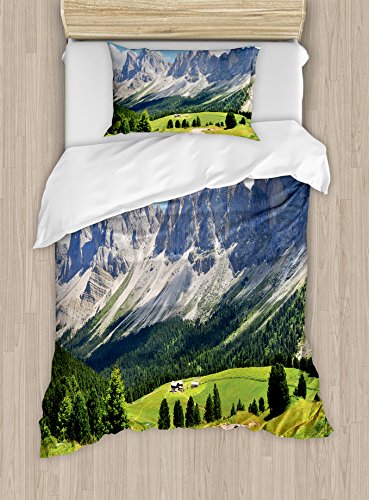 Ambesonne Mountain Duvet Cover Set, Winding Path into The Pine Tree Forest Meadows and Mountain Scenery Print, Decorative 2 Piece Bedding Set with 1 Pillow Sham, Twin Size, Green White Blue