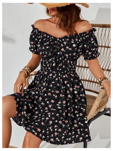 Image of Milumia Women's Floral Off Shoulder Puff Sleeve Short Dress Boho Frill Trim A Line Mini Dresses