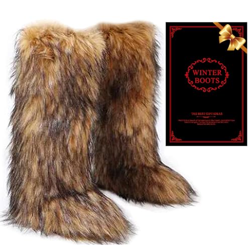 Tall Furry Faux Fur Boots for Women,Winter Snow Fluffy Long Boots for Girls,Knee-High Flat2