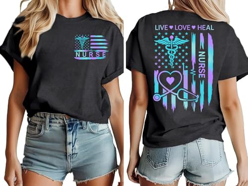 Racsea Nurse Flag Shirt Men Women Graphic Short Sleeve T-Shirt Tee, American Flag Nurse V-Neck Shirt