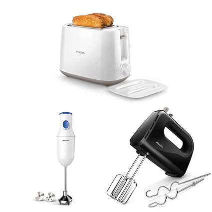 Philips Daily Collection 830-Watt 2-Slice Pop-up Toaster&PHILIPS Hand Blender, 250W&Philips 300W Lightweight Hand Mixer, Blender with 5 Speed Control Settings, Accessories and 2 Years Warranty