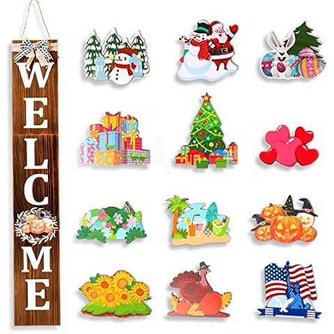 ECOGREDA Welcome Sign for Front Porch- 52inch,Wooden Interchangeable Vertical Home Wall Decor,Standing and Hanging Farmhouse Outdoor Indoor Decor Welcome Door Sign for Fall Harvest Halloween Christmas Cover