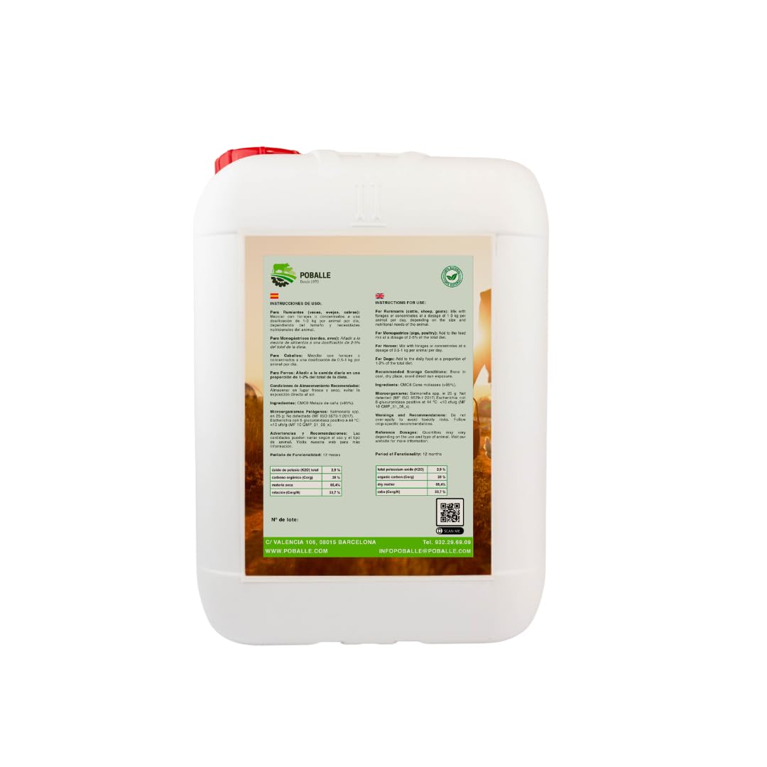 Mélasse Poballe pour alimentation animale – vaches, chèvres, moutons et chevaux. Bidon de 12 kg de mélasse de canne de haute pureté.