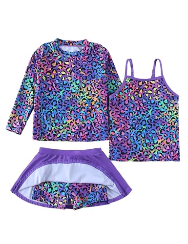 Girls Swimsuit 3 Piece Rash Guard Tankini Set Kids Long Sleeve Bathing Suit Swimming Skirt with Shorts Swimwear 3-12T