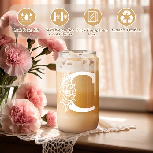 Image of Coolife Initial Glass Cup, Monogrammed Gifts for Women, 16 oz Tumbler w /Lid