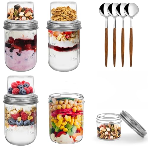 HNNJCK 4er Overnight Oats Gläser, 400ml+100ml Doppelschicht Joghurtbecher mit Edelstahlöffel & Trocken-Nass-Trennung, Auslaufsicherer Müslibecher to go für Schule, Arbeit und Picknick (400ml+100ml)