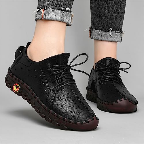 Image of Women'S Hollow Leather Lace Up Flat Loafers,Lightweight Breathable Casual Comfort Non-Slip Walking Shoes Handmade Beef Tendon Soft Sole Mom Nurse Shoes