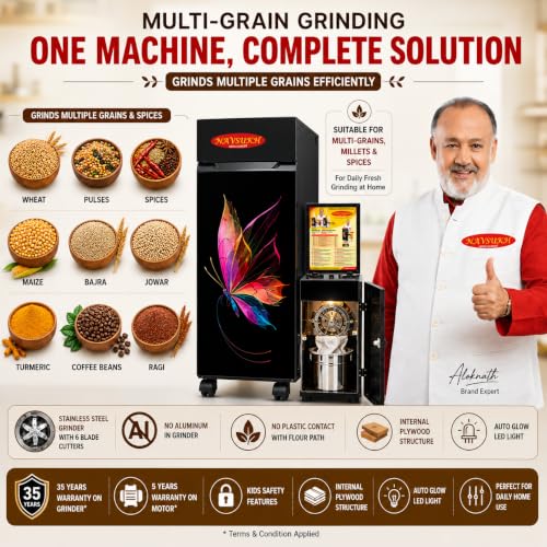 Image of NAVSUKH Prima Plus Atta Chakki | Stainless Steel Grinder | 10-12 Kg /Hr Capacity | 8 Sieve Sizes, Grinds 50+ Grains, Pulses, Spices | Low Power(0.75 Unit /Hr) | 35Years Chamber Warranty | Less Noise