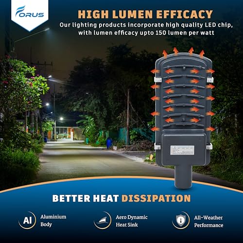 Image of Forus 30W LED Street Light Outdoor with 4 Year Warranty, High Lumen 120 lm /W Waterproof Yellow Light, Energy Saving Aluminium LED Street Lamp for Road, Parking Lot, Industrial Area Lighting (1 PC)