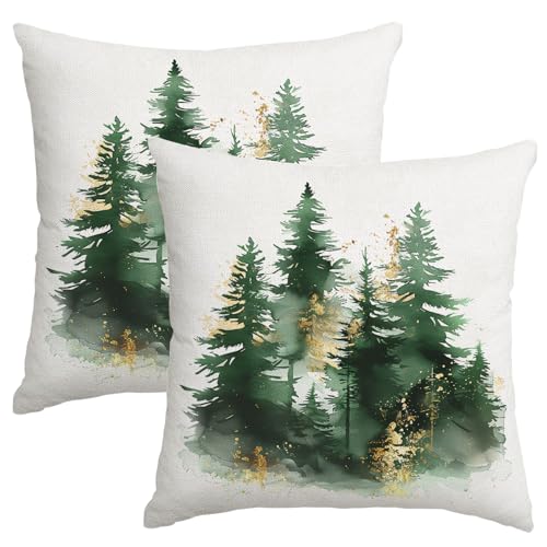 Miaikoe Christmas Cushion Covers 45x45 cm Set of 2 Green Gold Christmas Tree Rustic Decorative Throw Pillows Covers Winter Holiday Decor for Couch Sofa