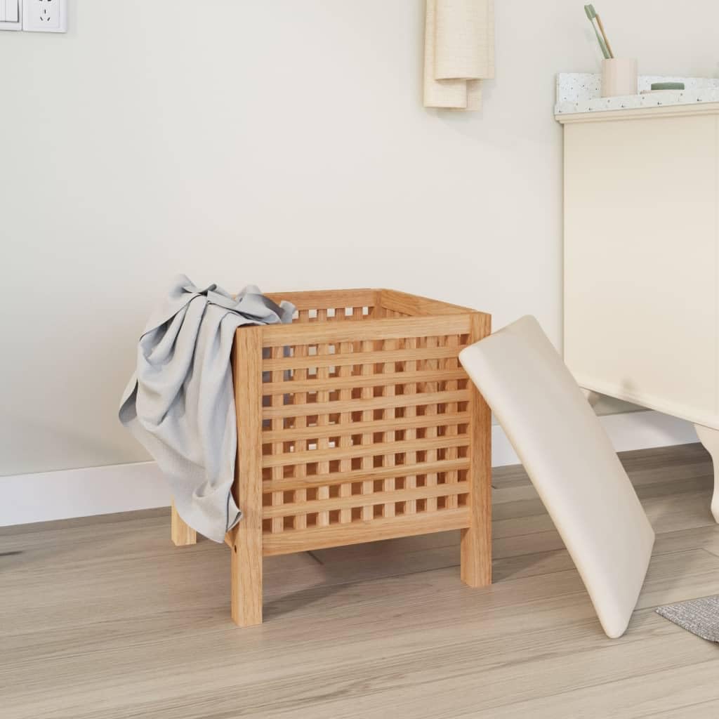 Taburete de baño de madera maciza de nogal con espacio de almacenamiento y cojín, 48 x 47,5 x 52 cm, asiento 2 en 1 y cesta para la ropa sucia con ventilación