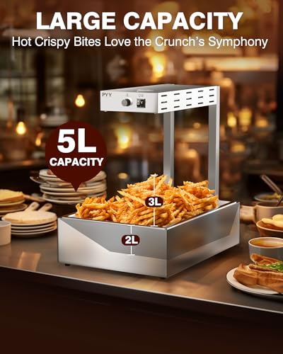 Image of PYY French Fry Warmer - 10L Large Food Heat Lamp for Chips Commercial Heat Light Free, Food Warmer Countertop, Standing Warming Dump Station Churros Fried Food, Home, Restaurant, Silver, 500W