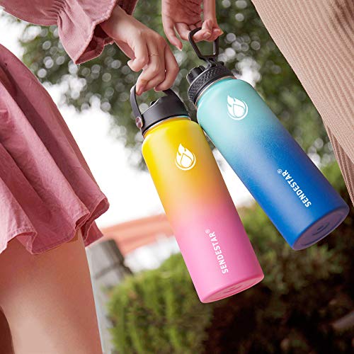 Image of SENDESTAR Stainless Steel Water Bottle, Wide Mouth 32 oz Water Bottle with Straw Lid, Spout Lid, Double Wall Vacuum Insulated Leak Proof, Keeps Liquids Hot or Cold (Yellow&Pink)