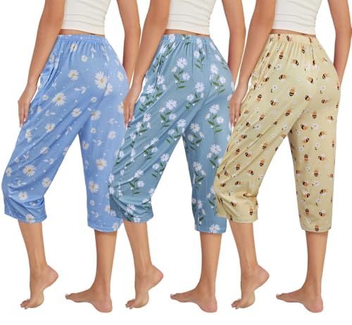 VENTELAN 3 Pack Womens Ultra-Soft Capri Pajama Pants Adjustable Waistband Sleepwear(Available in Plus Size) L