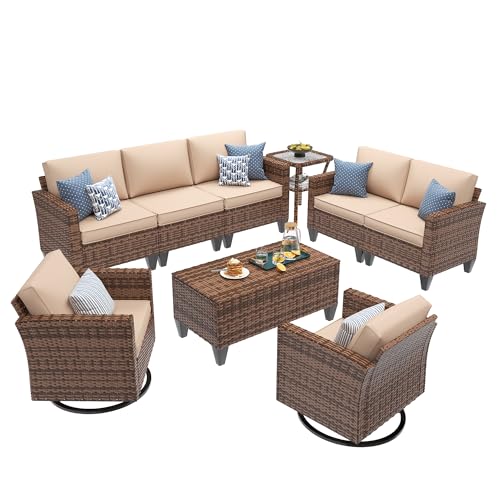 Image of UDPATIO Patio Furniture Set, 6 Pieces Outdoor Furniture Sets with Rocking Swivel Chairs, Wicker Rattan Outdoor Conversation Set with Storage Table and Waterproof Covers for Backyard Deck Porch, Khaki