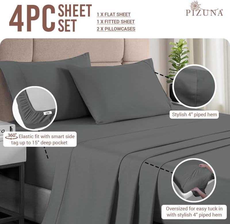 Pizuna Pure 100% Cotton Sheets Full Size, Luxurious 400 Thread Count Long Staple Cotton Sateen Sheets with 15inch Deep Pocket (Combed Dark Grey Sheet Full) - Image 3