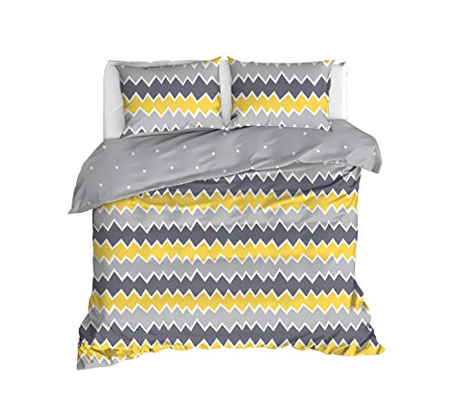 Paradise Ranforce 100% Cotton Zig Zag Bedding Set, Full/Queen Size Quilt/Duvet Cover Set, Yellow Grey Bed Set, Reversible, (3 Pieces) #TOP5