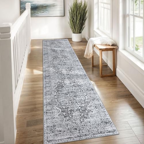 KUTA Runners for Hallways 2x8 Grey White, Vintage Floral Kitchen Rugs Non-Slip Washable Ultra Soft Printed Retro Flower Carpet Entryway Runners for Bedroom Living Room