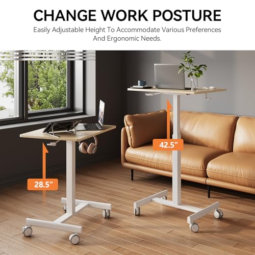 Image of Mobile Desk on Wheels, Pneumatic Height Adjustable, Maple+White | 18.9 x 25.6 in Desktop, 26.1-40.1 in Height, Pneumatic Lift, T-Shaped Single Column Base, Lockable Casters, 22 lb Capacity