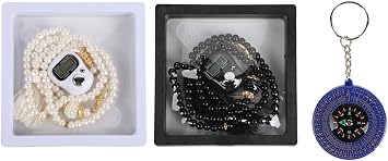 Islamic Tasbih Prayer Beads & Digital Tasbeeh Counter Set, 2 Pieces Elegant Beads with LCD Finger Counter, Elegant Islamic Gift for Dhikr Meditation Ramadan & Eid (Black, White)