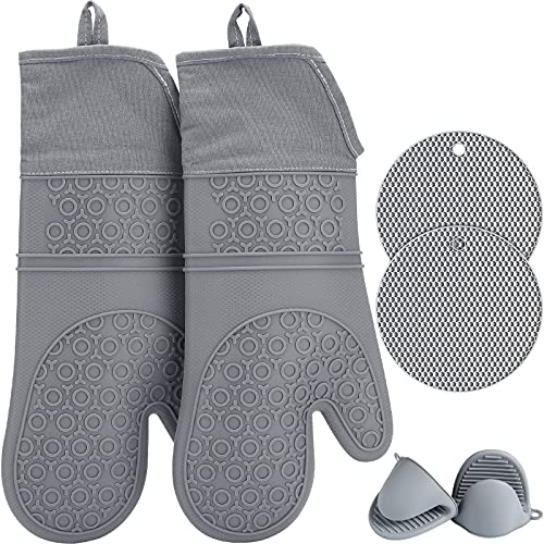 QUWIN Oven Mitts Set, Heat Resistant with Mini Oven Gloves and Hot Pads Potholders, Non-Slip Food Grade Long Oven Mitts for Kitchen Baking Cooking (6-Piece Set--Grey)