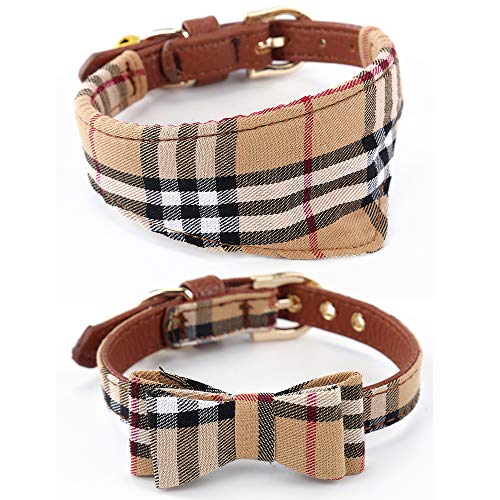 Dog Cat Collars Leather for Small Pet Adjustable Bow-tie and Scarf Puppy Collars with Bell Cute Plaid Bandana Dog Collar(2 Pack)